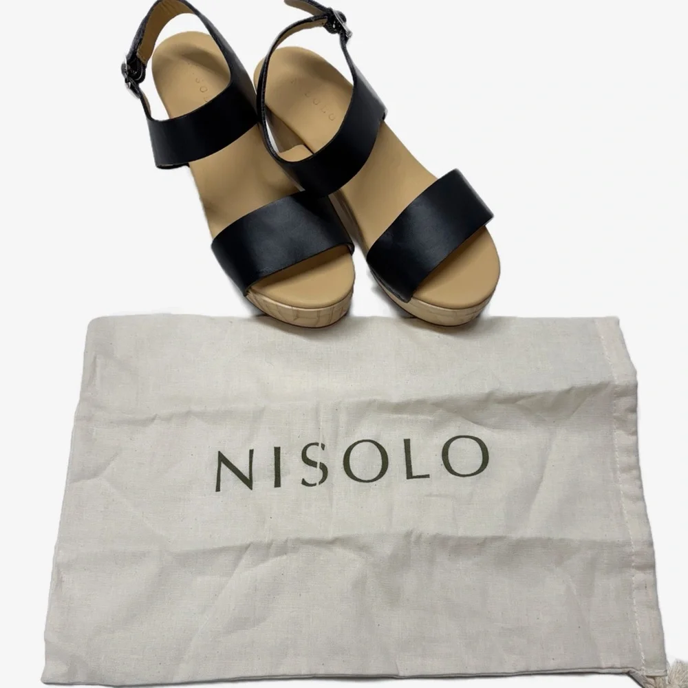 Nisolo Black Leather Platform Sandal with Wood Heel